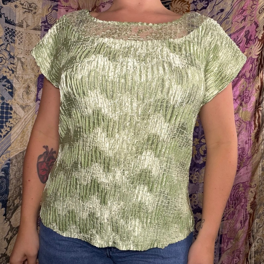 Ethereal Sage Green Fairycore Lace Neck Short Sleeve Top Size XXL